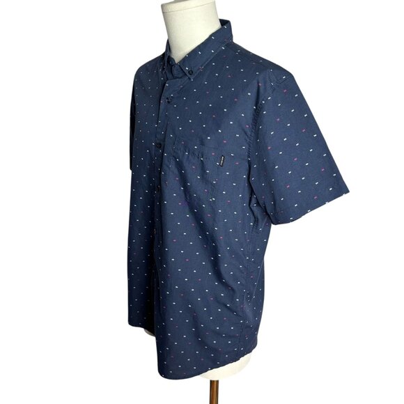 Molokai Surf Button Down Short Sleeve Shirt L Blue Fishbone Chest Pocket Casual - Picture 4 of 8